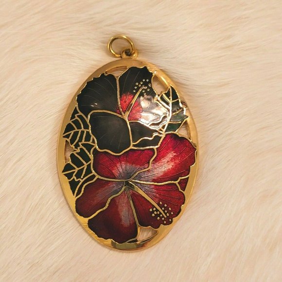 VINtage Enamel Flower Pendant Guilloche Oval Gold Tone Metal Large 6268 - Picture 1 of 6